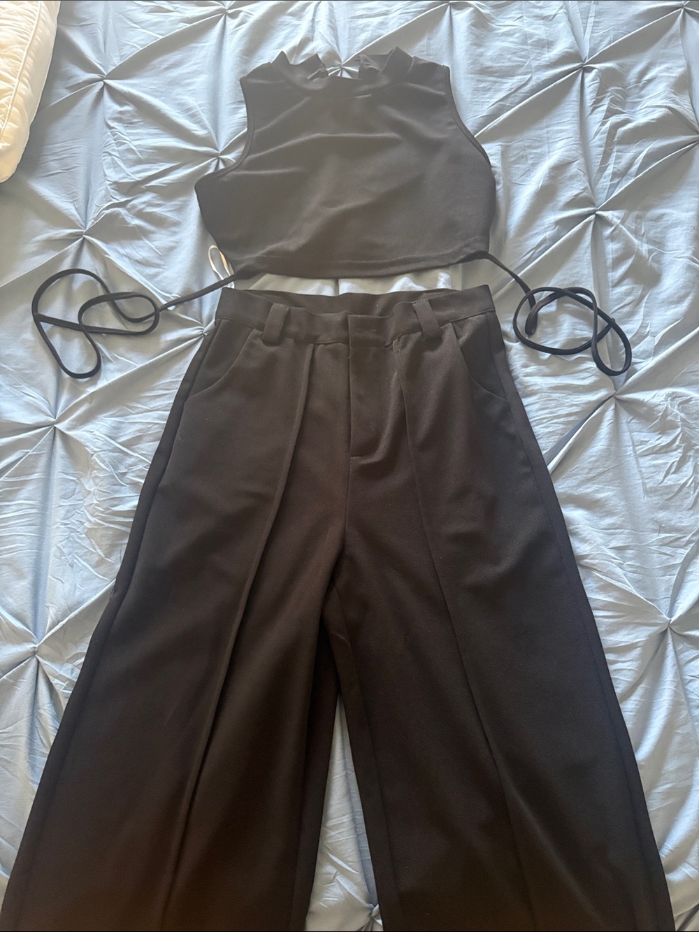 Women’s Black High-Waist Wide-Leg Pants set with cropped tie top